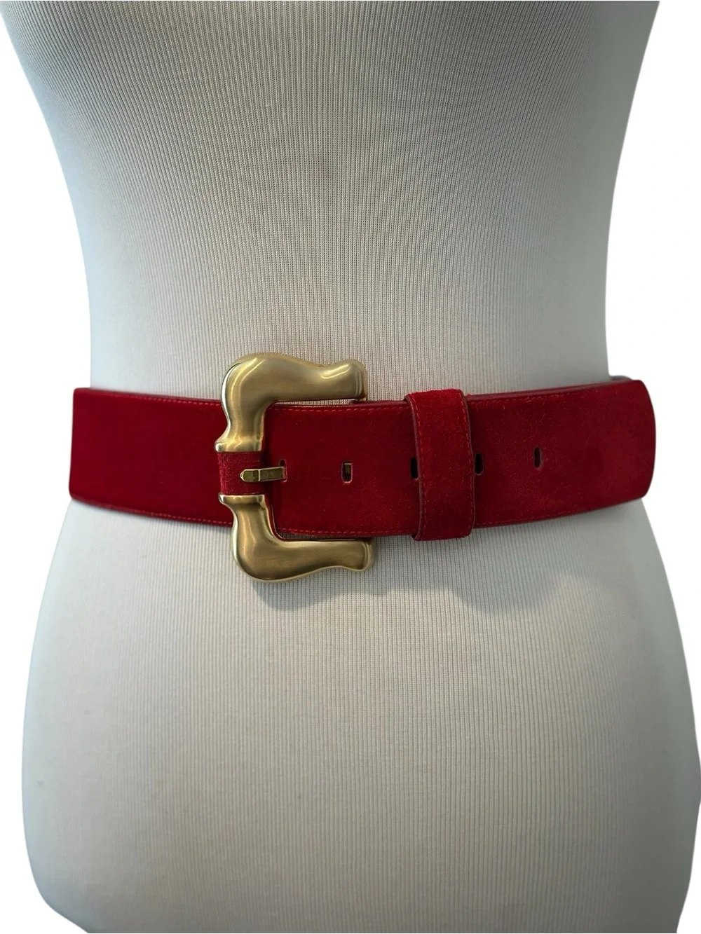 Vintage Red Suede Wide Belt with Gold Buckle